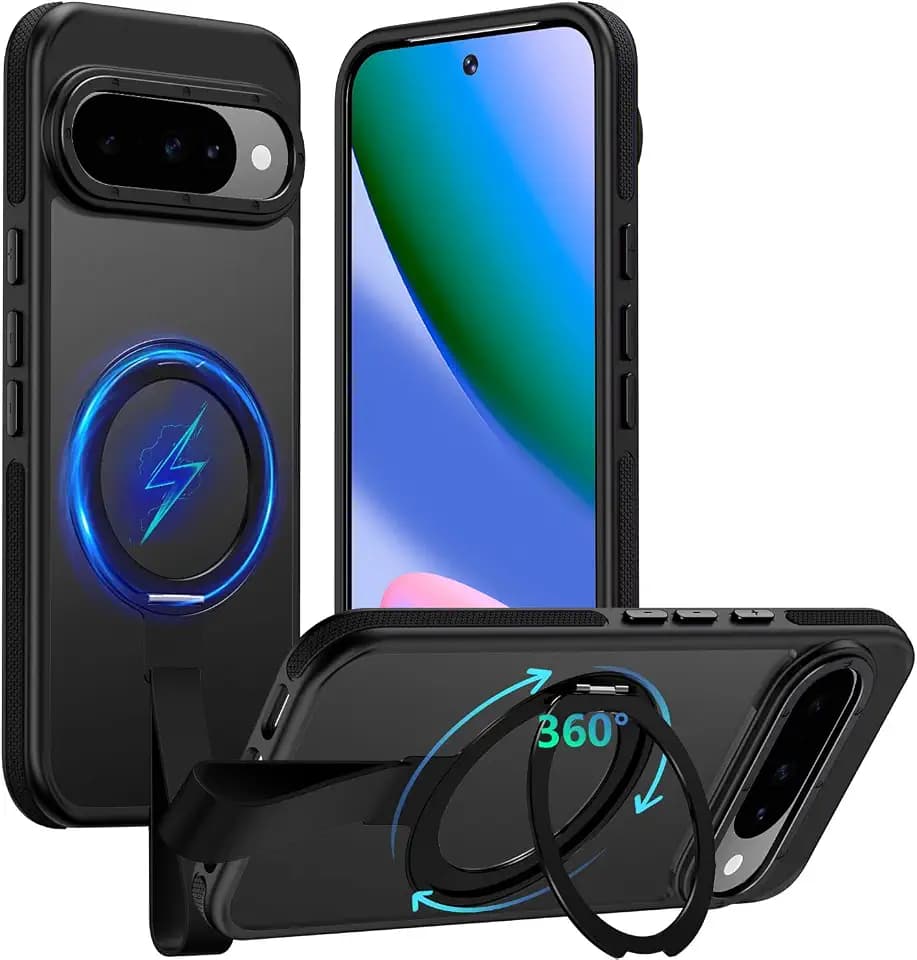 TIANNIUKE for Google Pixel 10 Pro Case/Pixel 10 Case 360°Rotatable Magnetic Ring Holder Stand with Silicone Strap, Fit for MagSafe Mil-Grade Shockproof Translucent Matte Phone Cases (Black)