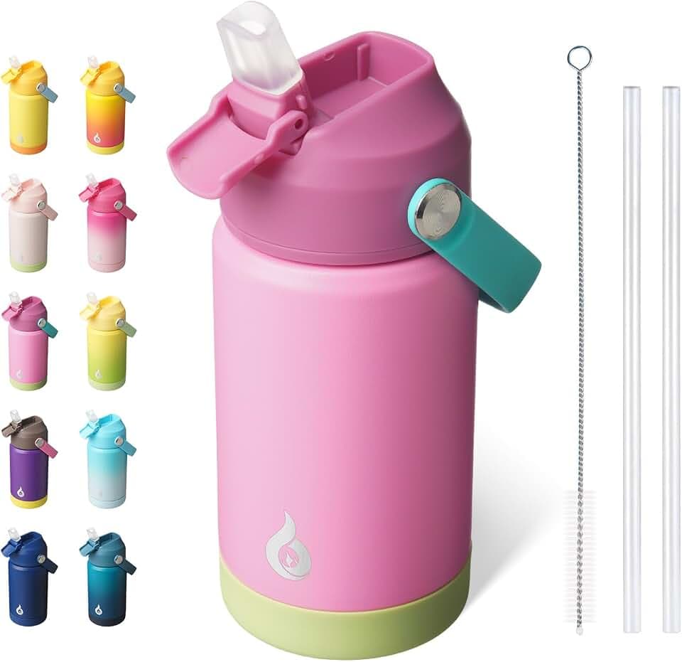 BJPKPK Isolierte Trinkflasche mit Strohhalm-Deckel, 350 ml Thermos Wasserflaschen, Flexgriff & Rutschfester Untersatz, BPA Frei Wasserdicht Edelstahl Metall Becher, Rosenrosa