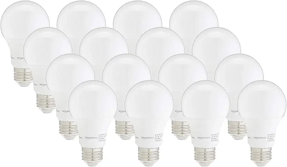 Amazon Basics A19 LED Light Bulbs, 60W Equivalent, 9W Energy Efficient, E26 Standard Base, Soft White 2700K, Dimmable, 10,000 Hour Lifetime, 16-Pack
