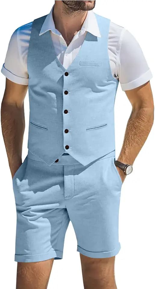 Men's Suits Linen 2 Piece Vest Short Pant Summer Beach Wedding Suit for Men