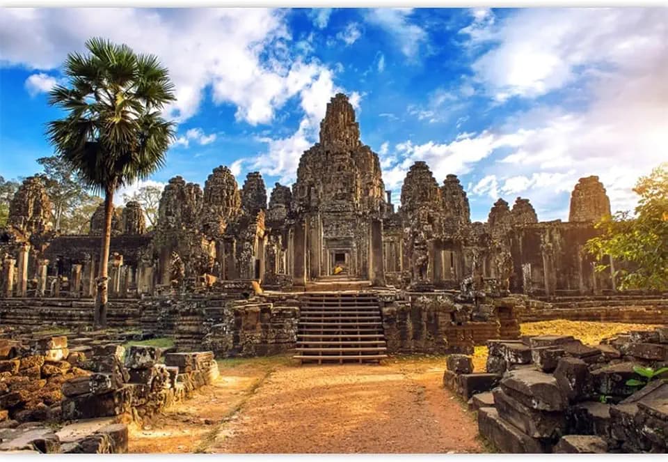 Laeacco 7x5FT Ancient Bayon Temple Angkor Wat Cambodia Backdrop Stone Faces Famous Tourist Spots Backdrop Sunset Blue Sky Clouds Travel Theme Castle Background Photo Portrait Studio Prop