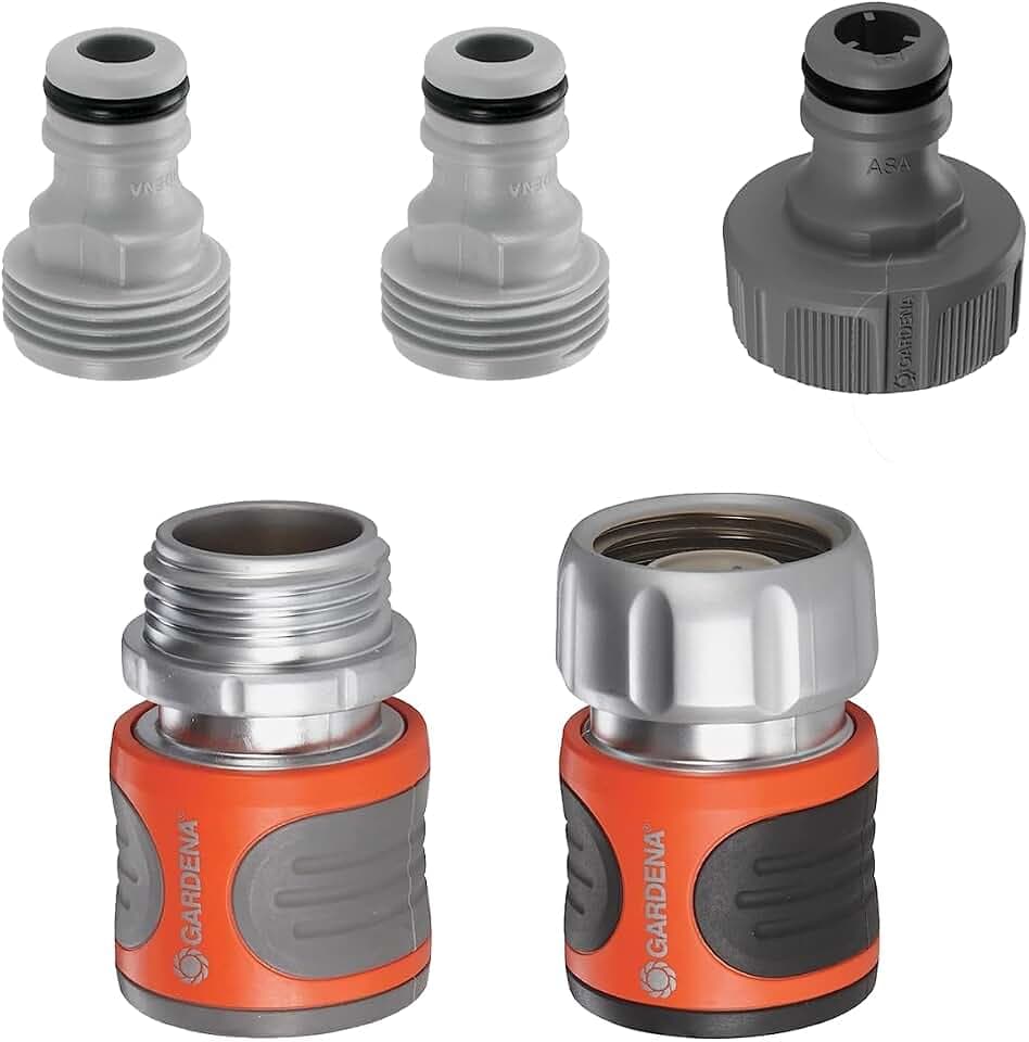 GARDENA (18271) 5-Piece Premium Metal Quick Connect Hose Fittings: Hose Quick Connect Kit for 5/8 Inch or 1/2 Inch Hose - Quickly Connect Garden Hoses, Sprinklers, Spray Nozzles, and Accessories.
