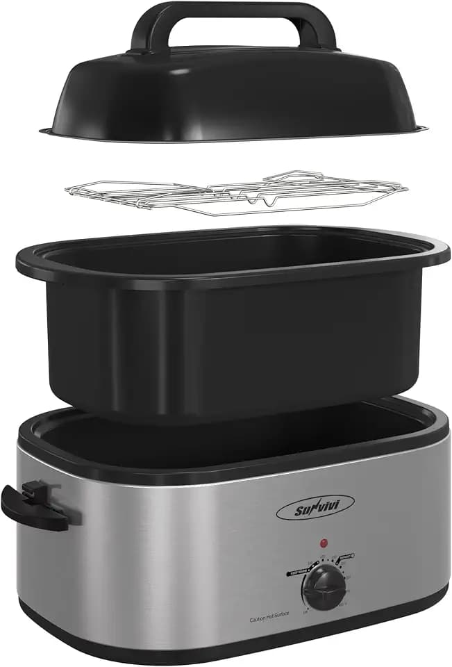 Sunvivi 28 Quart Electric Roaster Oven Turkey Roaster with Lid Electric Roasters with Removable Pan Large Roaster,Visible & Self-basting Lid, Fast Heating & Thaw/warming Setting,Silver