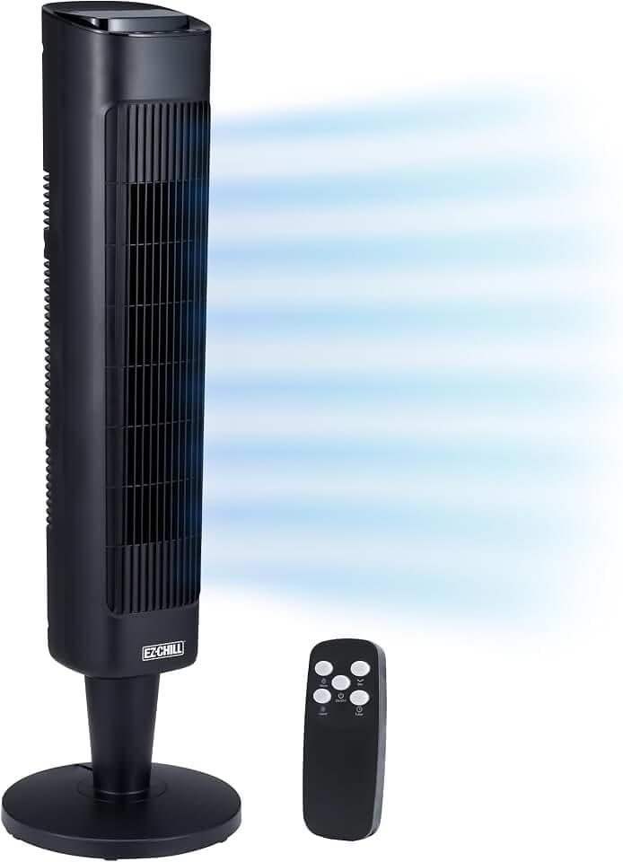 EZ-CHILL 36” Tower Fan with Remote Control for Home, 60 Degree Oscillation, 3 Speeds, 12H Timer, Carry Handle, Black