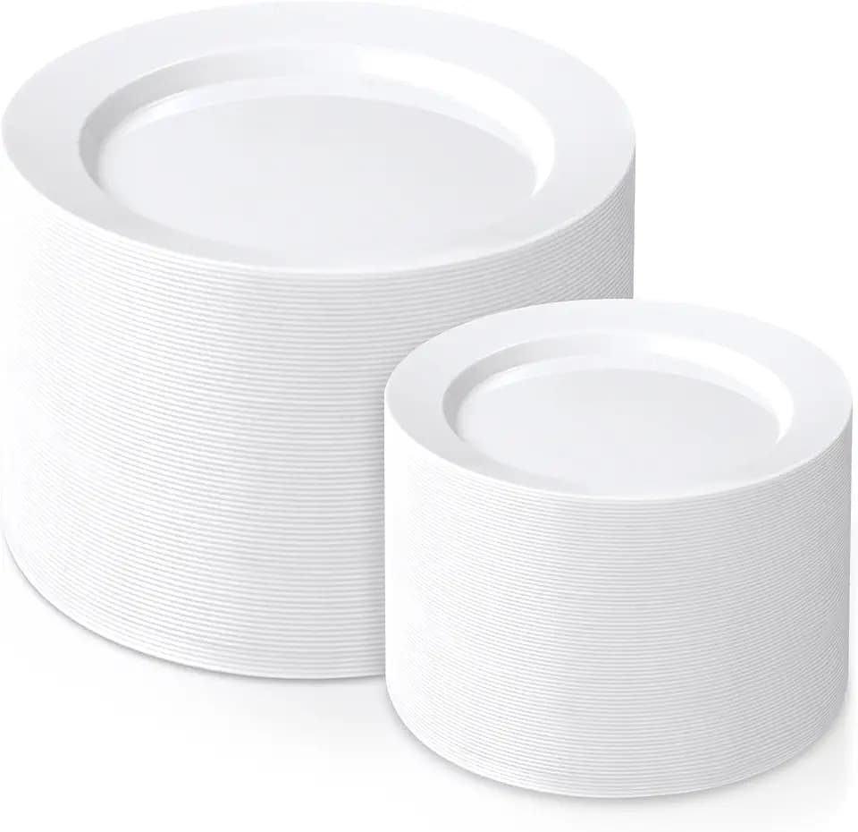 FLOWERCAT 200PCS White Plastic Plates Disposable Plates for Party - White Bulk Plastic Plates - 100 10" Dinner Plates and 100 7" Salad Plates for Wedding & Summer Parties and Events