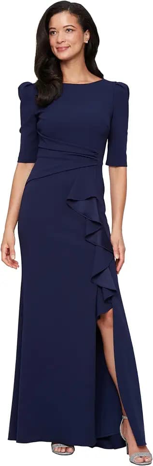 Alex Evenings Women's Stretch Crepe Dress with Puff Shoulder Elbow Sleeves, Tucked Waist Detail and Cascade Ruffle