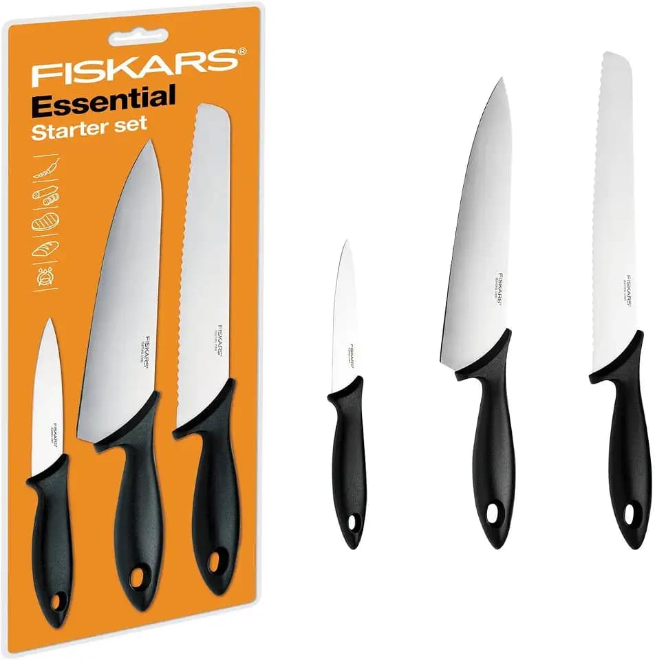 Fiskars Starter-Set, 3-teiliges Messer-Set, Kochmesser, Brotmesser