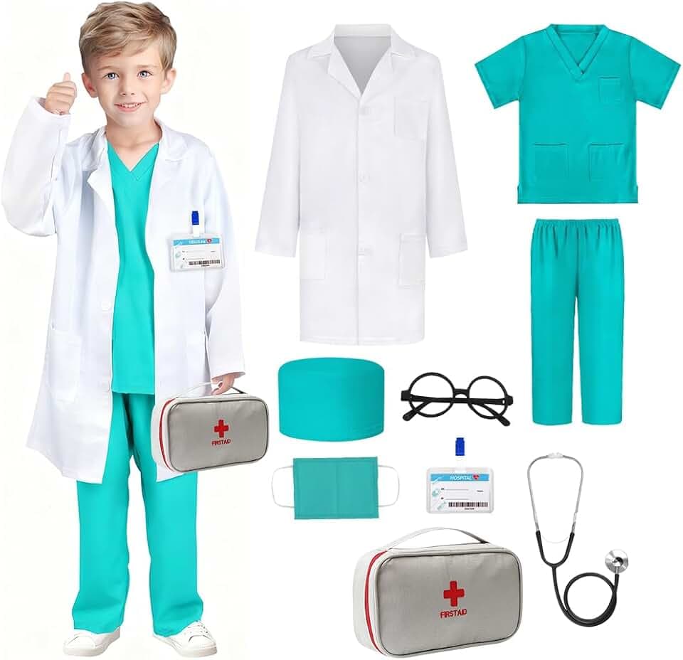 Arzt Kostüm Kinder, Arztkoffer Kinder Holz Spielset, Doktorkoffer Kinders mit Laborkittel Stethoskop, Hut, OP Oberteile und Hosen Doktor Zubehör für Jungen Mädchen,140cm