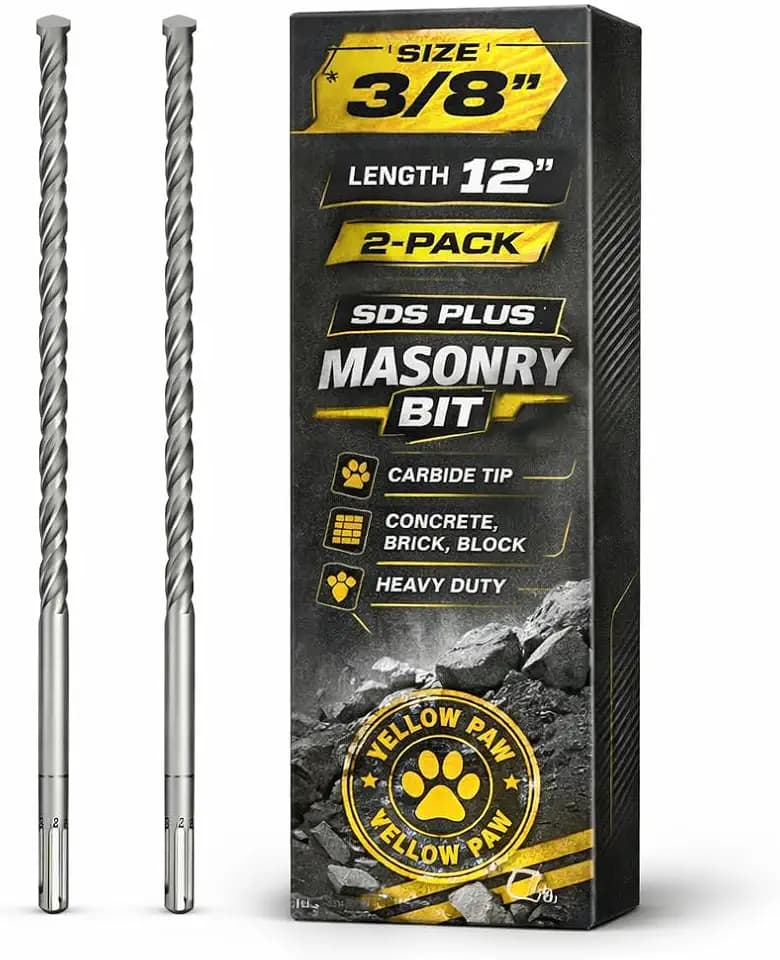 3/8 Inch SDS Plus Masonry Drill Bit for Concrete & Brick (2 Pack - 12" Length - Industrial Grade) Fits All SDS Rotary Hammers - Carbide Tipped for Cement, Stone, Block, & More