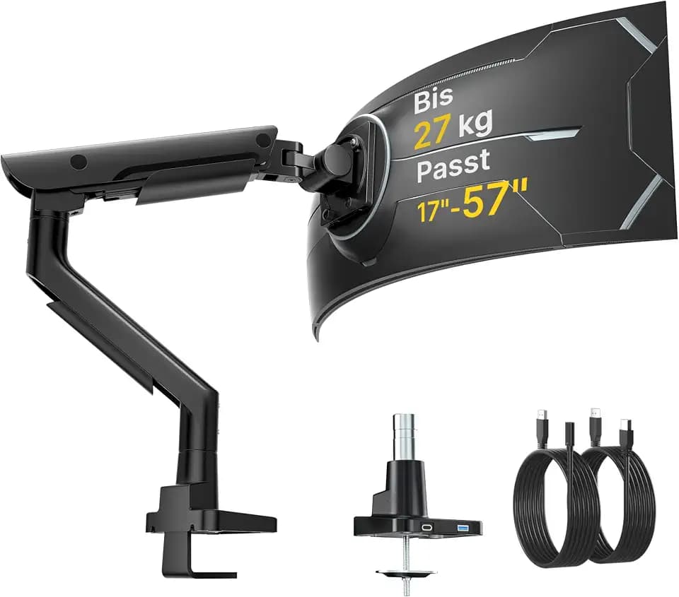 monTEK Aluminium Monitor Halterung für 17–57 Zoll Ultrawide-Bildschirme bis zu 27kg, USB 3.0 A/C, Höhenverstellbar BildschirmHalterung 1 Monitor, Pneumatischer Lift, Max. VESA 100 x 100, Schwarz