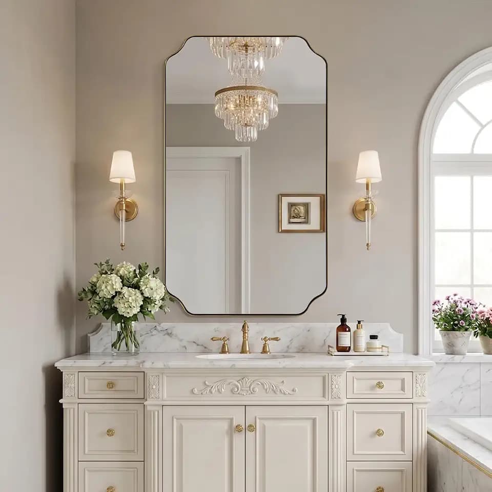 MIRRORART 24x48'' Scalloped Gold Bathroom Mirror, Full-Length Wall Mirror