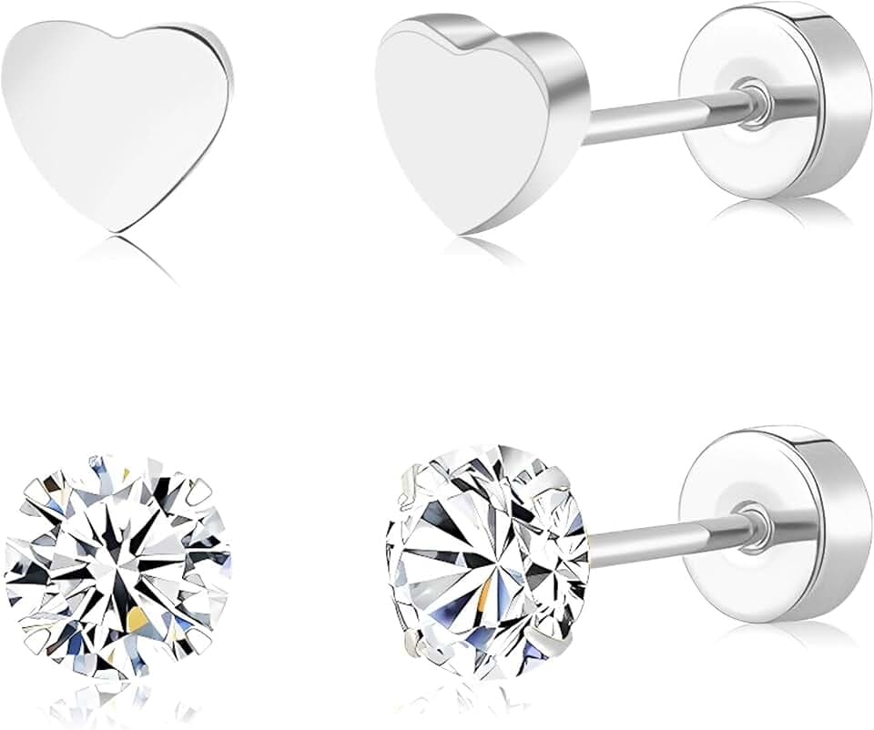 2 Pairs Flat Back Earrings Women, Titanium Star and Moon Earrings, Heart & CZ Flatback Stud, Butterfly & Lightning Screw Back, Crosses and Triangles Stud, Gold/Pink/Silver/Black Options