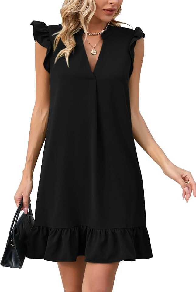 Famulily Damen Sommerkleider Knielang Solide V-Ausschnitt Tunikakleid Rüschenbesatz Cap Sleeve Mini Blusenkleid S-XXL