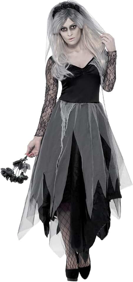 Smiffys, Damen Friedhofsbraut Kostüm, Kleid und Rosenschleier