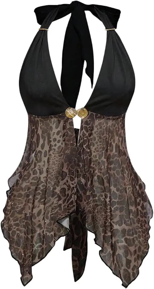 BEAUDRM Women's Y2k Rhinestone Cheetah Halter Tops Party Club Rave Top