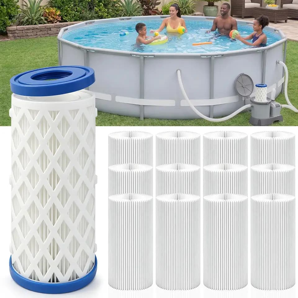 Universal 12Pack Pool Filter Cartridge Type A/C/III, 2.01" Inner, 7.87" Height, 70+2 Pleats, 5 Sq.ft Filtration, Reusable Replacement for 28604 58384 58387 59900E Above Ground Pool Pumps