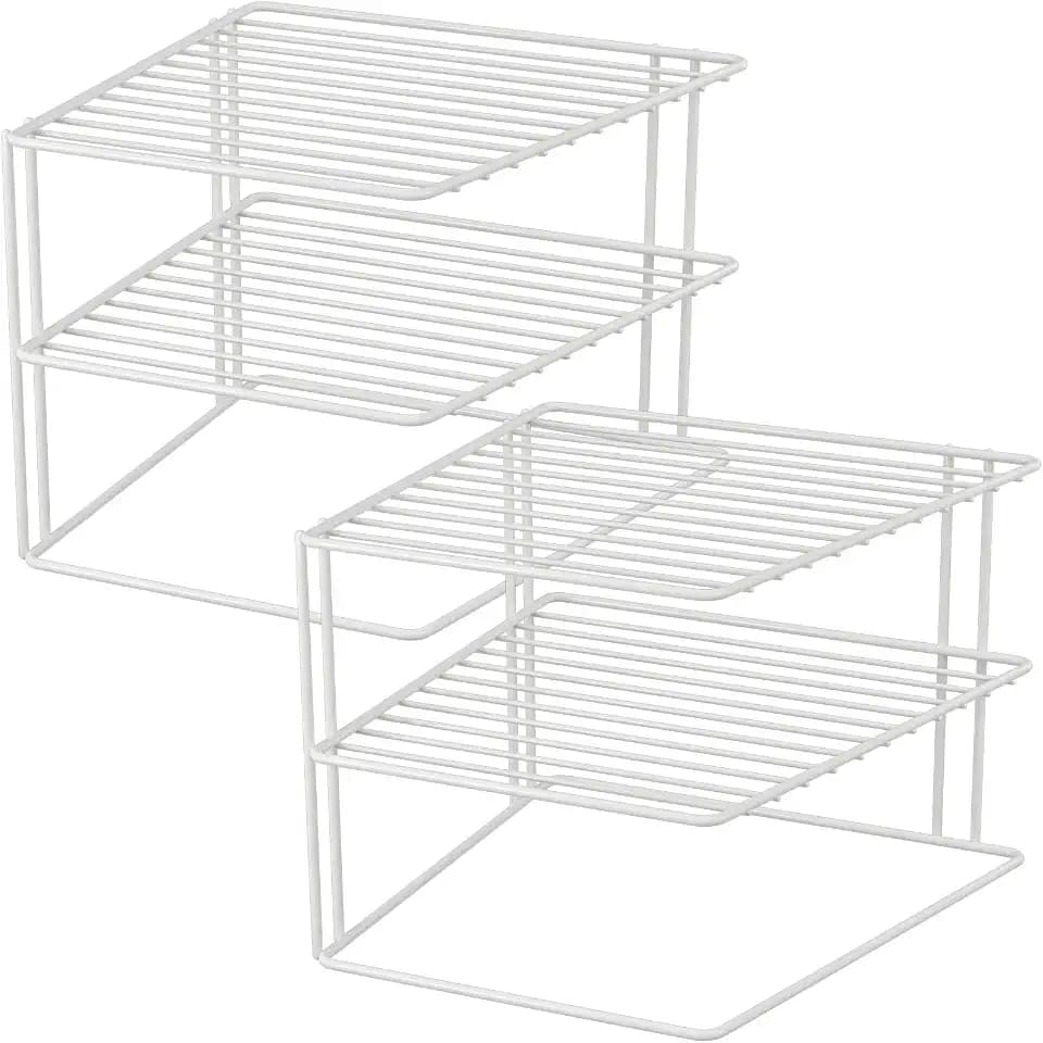 Quantio WELLGRO 2er Set Schrankregal Weiß – 2-Etagiges Metalltellerregal für Schrank und Vorrat – Platzsparender Küchenorganizer, stapelbar, 25x25x20 cm