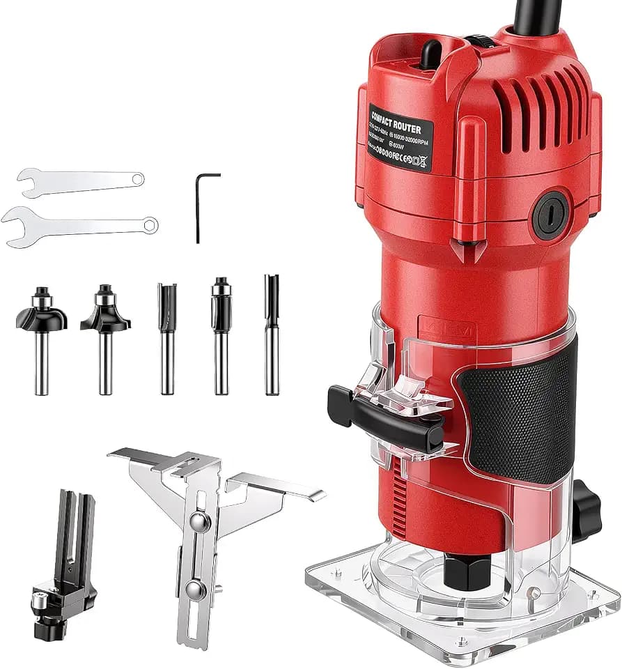 Wood Router Tool, 800W Compact Palm Router for Woodworking, 6-Speed Electric Hand Trimmer, 15000-32000 RPM, 1/4" Collets, 5-Pc Router Bits, Guides & Dust Hood