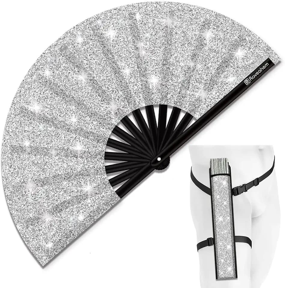 Glitter Large Rave Folding Clack Hand Fan with Holster, Popping Handheld Fan Foldable for Men Women for EDM Festival Club Party Dance, (Silver, Large 13")