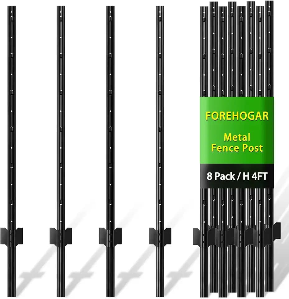 4 ft Black Metal Fence Post, T Posts Fencing for Wire Mesh Fence, 8-Pack