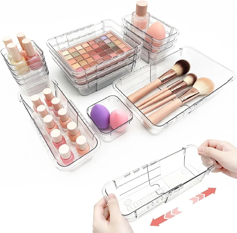 14 PCS Clear Expandable Drawer Organizer Trays for Bathroom & Vanity Drawer