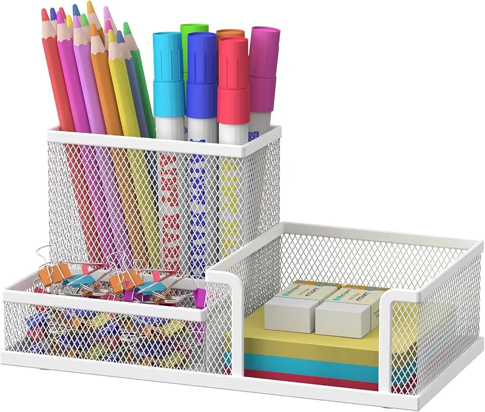 SUPEASY Pen Holder Desk Organizer, Office Supplies Pencil Holder with 3 Compartments, Desk Accessories and Workspace Organizers for Home School Classroom, White