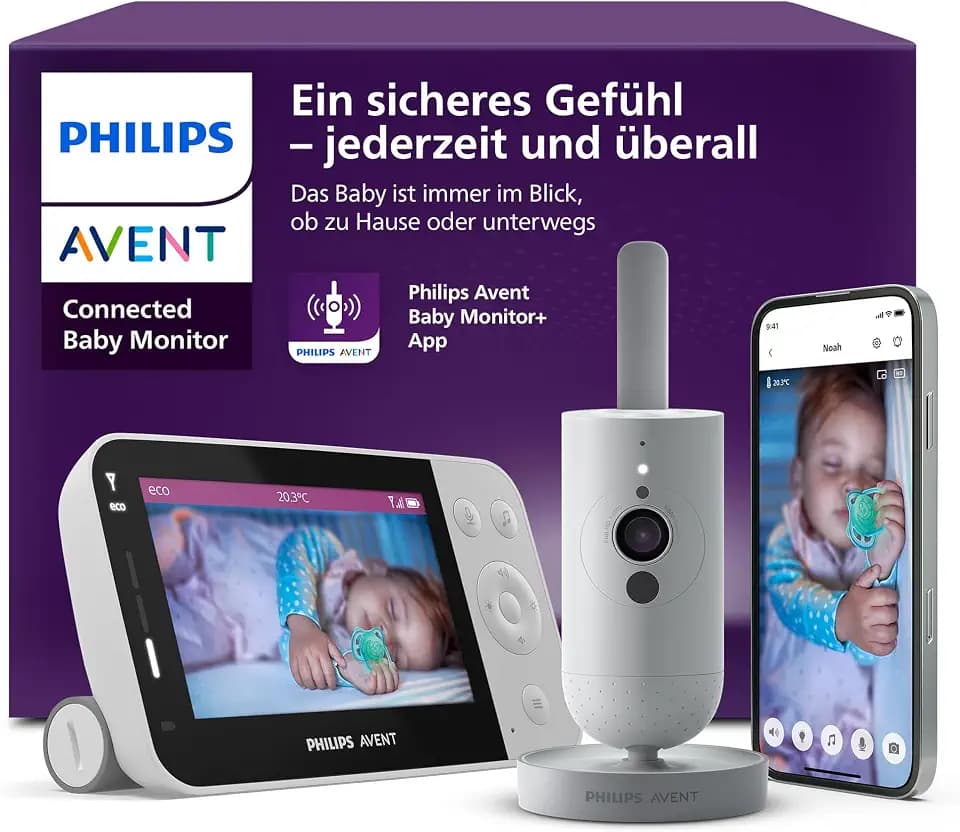 Philips AVENT Connected Babyphone mit Kamera und WLAN, hochwertiger HD-Kamera, Infrarot-Nachtsichtfunktion, Schrei-Erkennung, Gegensprechfunktion, DEKRA Zertifiziert privat und sicher, SCD951/26