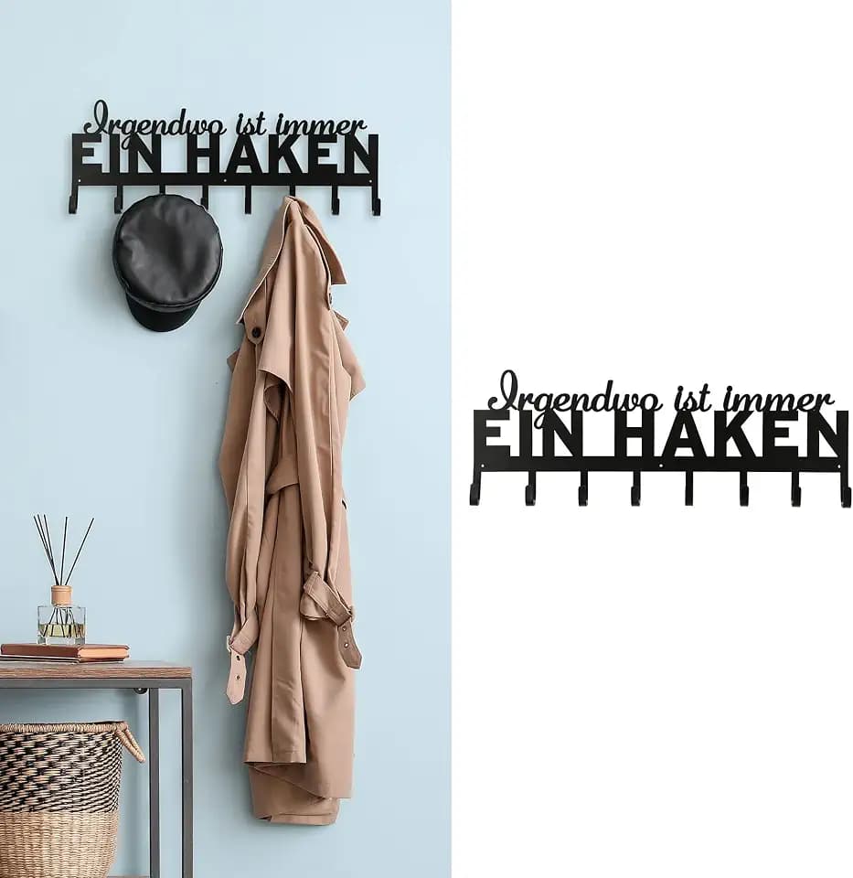 Cepewa Garderobenleiste zum Aufhängen Irgendwo ist immer ein Haken | Spruch 8 Haken 70x25x5cm Eisen | Kleiderhaken Hakenleiste (1 x Garderobenleiste Haken)