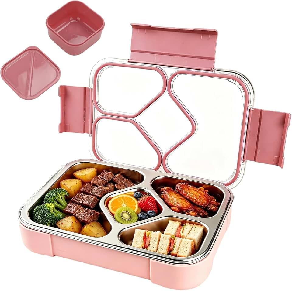 Edelstahl Bento Box 1020ml mit 4 Fächern, auslaufsichere Brotdose fürKinder & Erwachsene, spülmaschinenfest inkl. Löffel Gabel,Sandwichbox Brotzeitdose Vesperdose Brotbüchse (Rosa)