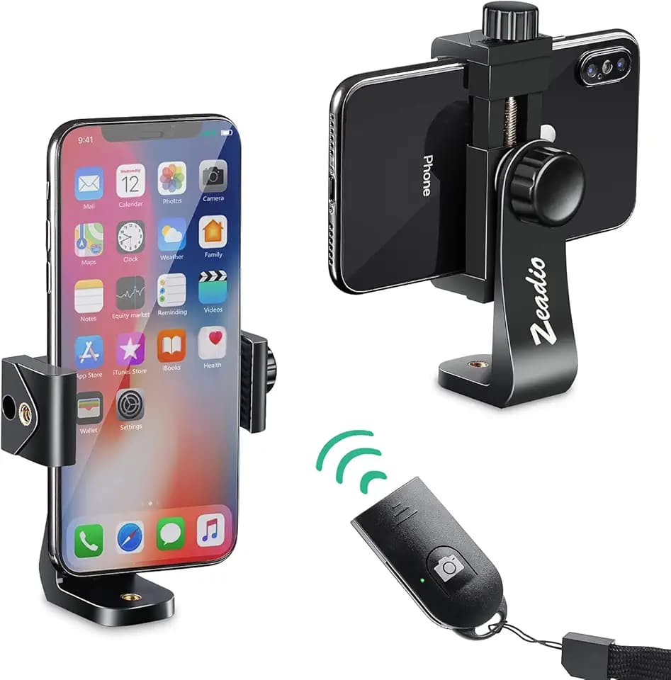 Zeadio Handystativhalterung, Smartphone Stativ Adapter mit kabellosem Fernauslöser, Selfie-Stick Einbeinstativ verstellbare Klemme, passend für alle iPhone und Android Smartphones