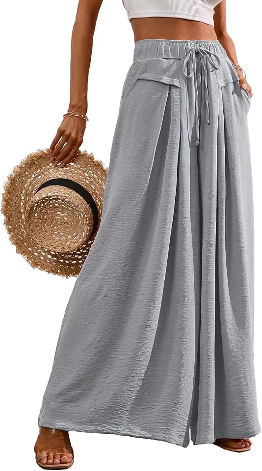 CORSKI Flowy Wide Leg Palazzo Pants for Women Dressy Summer Casual Elastic Waist Lounge Long Trousers with Pocket