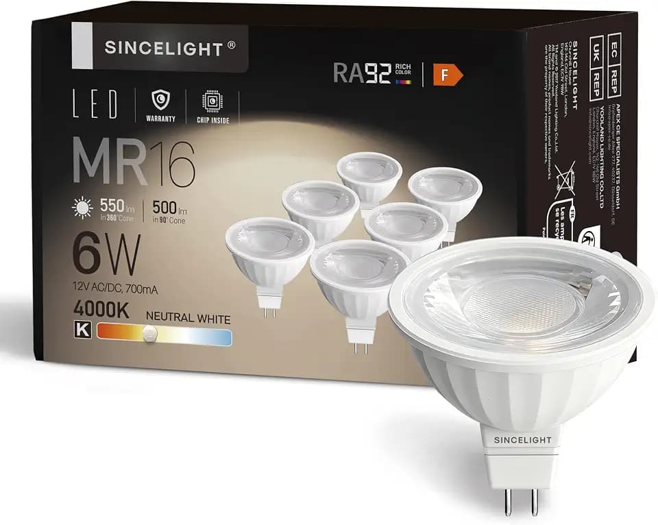 SINCELIGHT MR16 12V LED Spot Reflektorlampe Ø50mm mit GU5.3-Sockel, 6W, 500 Lumen Ersetzt 50 Watt Halogenlampen, Farbwiedergabeindex RA≈92, Neutralweiß 4000K, 38°Ausstrahlungswinkel, 6er-Pack