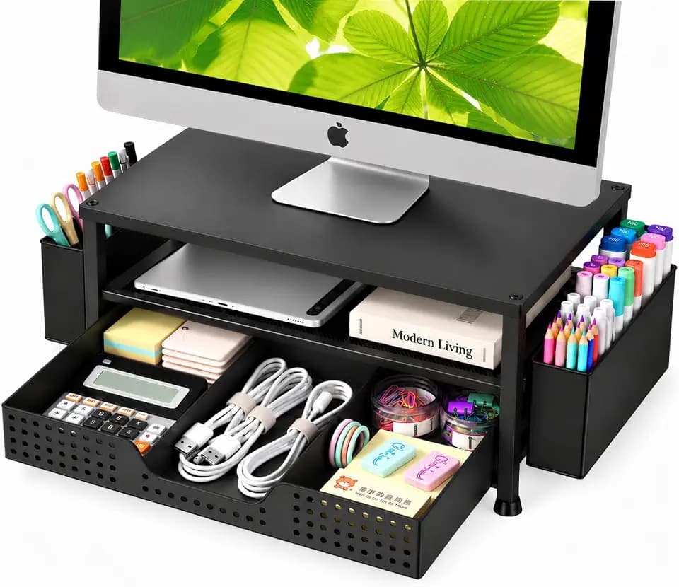 ECOLOVI Desk Organizer and Accessories, 2-Tier Computer Monitor Stand Rise with Storage Drawer & 2 Pen Holders, Laptop & Printer Stand for Desktop, Workspace Organizers for Office Supplies (Black)