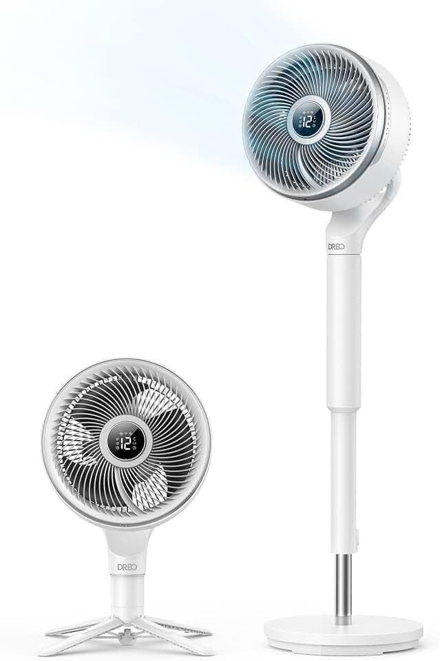 DREO Smart Fan for Bedroom, standing 150° +100° Omni-Directional Oscillating Fans, 120ft CirculAir Quiet Fan with DC Motor, 12 Speeds, 6 Modes, 20dB,Remote Control, 8H Timer