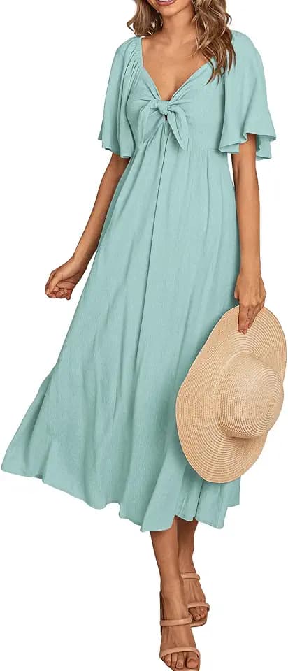 PRETTYGARDEN Women's Summer Bow Tie V Neck Midi Dresses