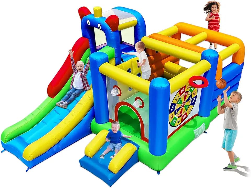 HuaKastro Bounce House - Inflatable Playground with Crossbar Obstacle on Large Bouncy Area, 1x Tall & 1x Small Slide, Giant Dart Board, Climbing Wall - for Indoor Outdoor Kids Party Family Gatherings