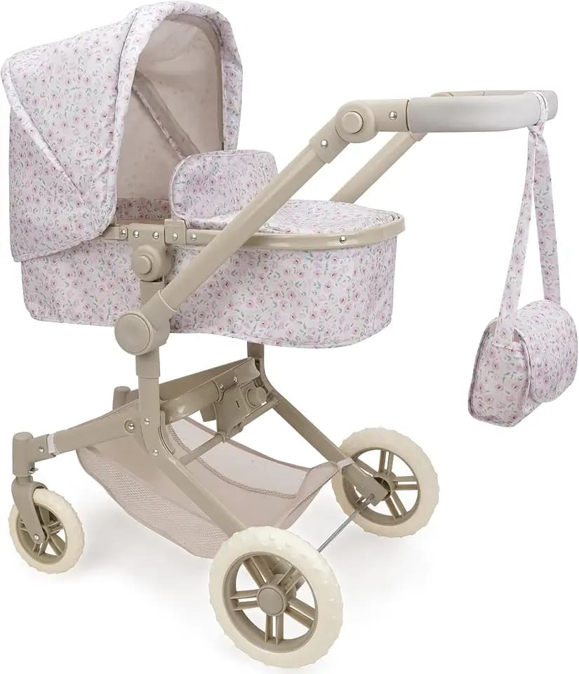 509 Crew: Little Flora - City Park 2-in-1 Doll Pram - Flower-Tan-Pink, Converts Into Jogger, Matching Handbag, Folding Toy Stroller, Basket, Kids 3+