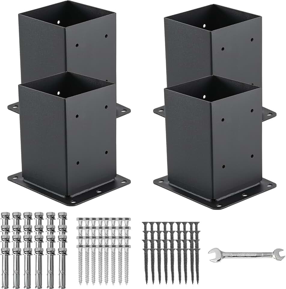 4x4 Post Base 4 Pcs, (Inner Size 3.6x3.6) Post Anchors, 13GA Thick Solid Steel & Black Powder Coated,Deck Post Brackets Support Deck Base Plate Pergola Brackets Fence Kit Mailbox Mount