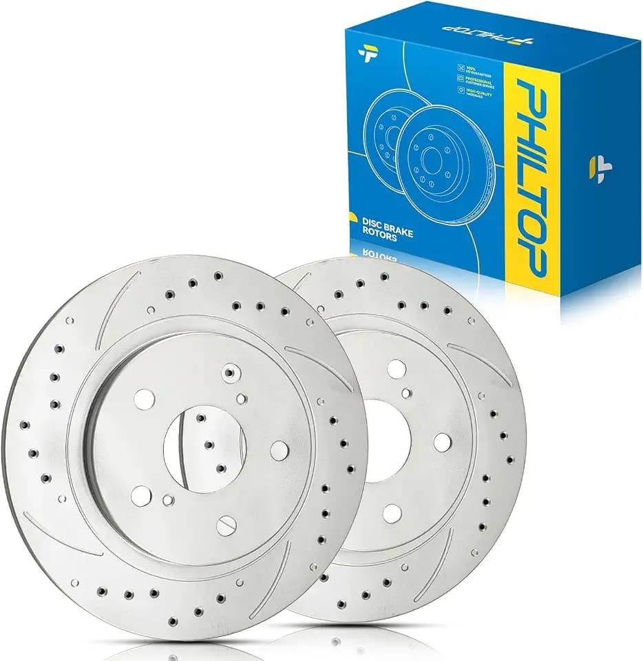 PHILTOP Rear Drilled & Slotted Brake Rotors for Scion 2008-2015 xB, Toyota 2017-2018 Corolla iM, Pontiac 2009-2010 Vibe | Zinc Coated Anti-Rust | OE Replacement Brake Rotors Pair # 31508