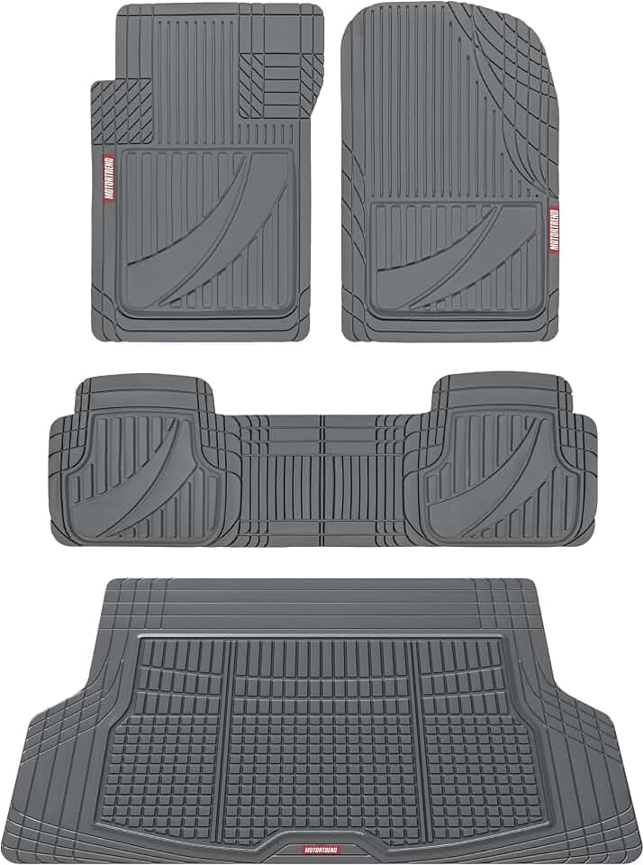 Motor Trend FlexTough Advanced Gray Rubber Car Floor Mats with Cargo Liner Full Set - Front & Rear Combo Trim to Fit Floor Mats for Cars Van SUV, All Weather Automotive Floor Liners