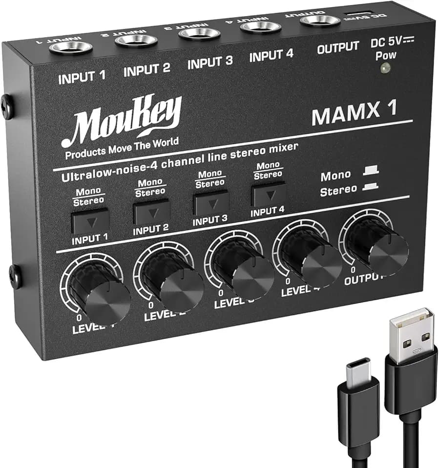 Moukey Mini Audio Mixer, DC 5V, 4 Stereo Ultra, Low Noise 4 Channel Line Mixer for Sub-Mixing, for Small Clubs or Bars, As Guitars, Bass, Keyboards Mixer, MAMX1