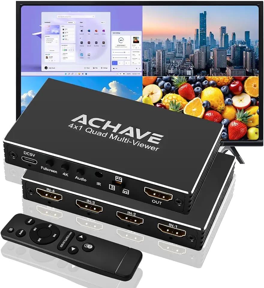 ACHAVE 4x1 HDMI Multiviewer Switch 2x1 3x1, 4K@30Hz 1080P@60Hz Quad Screen Splitter with 10 Display Modes, Seamless Switching, IR Remote Control, Compatible with Laptop, Xbox, TV Box