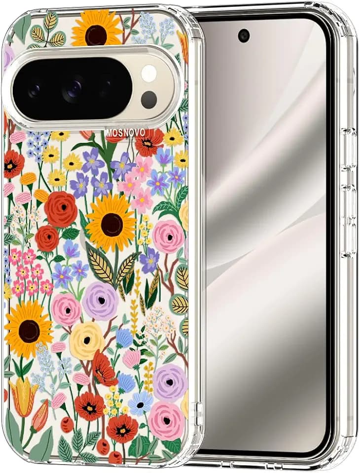 MOSNOVO Case for Google Pixel 10 Pro XL, [Buffertech 6.6ft Military-Grade Drop Protection] [Anti Peel Off Tech] Clear TPU Bumper Phone Case Cover Design - Blossom & Bloom