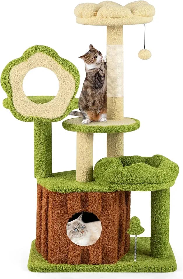 FANTASK Mehrstufiger Katzenbaum, Kratzbaum mit Katzenhöhle, Plattformen, Plüsch-Schlafbett, Ball & Kratzsäule, Katzenmöbel, Grün + Braun (55 x 40 x 100 cm)