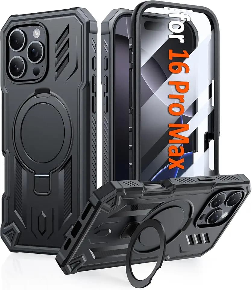 FNTCASE for iPhone 16 Pro-Max Case with Magnetic Kickstand Black