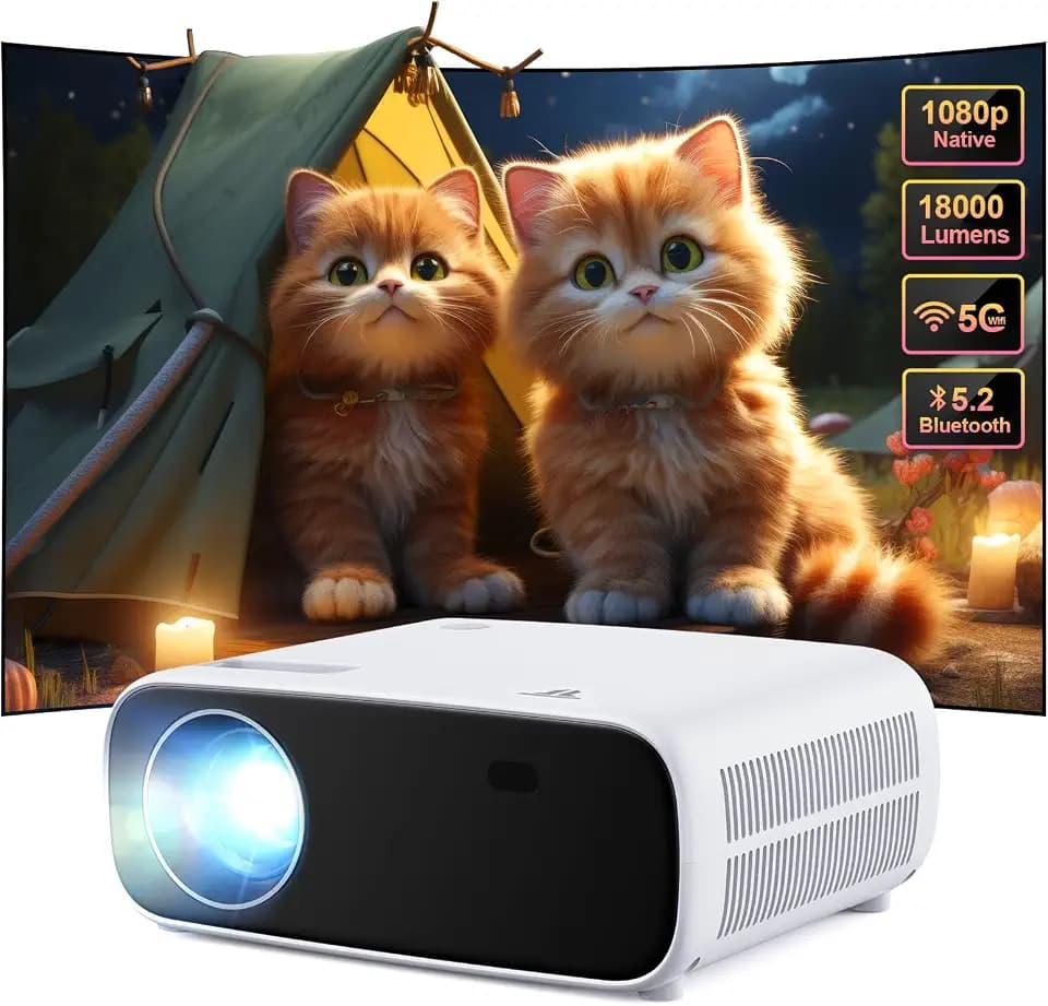 Full HD 1080P Beamer mit 4K Unterstützung, Bluetooth und WiFi, 18000 Lumen HD Display, Unterstützung 30-200 Zoll Projektionsgröße, Kompatibel mit iOS/Android/Laptop/Xbox (schwarz)