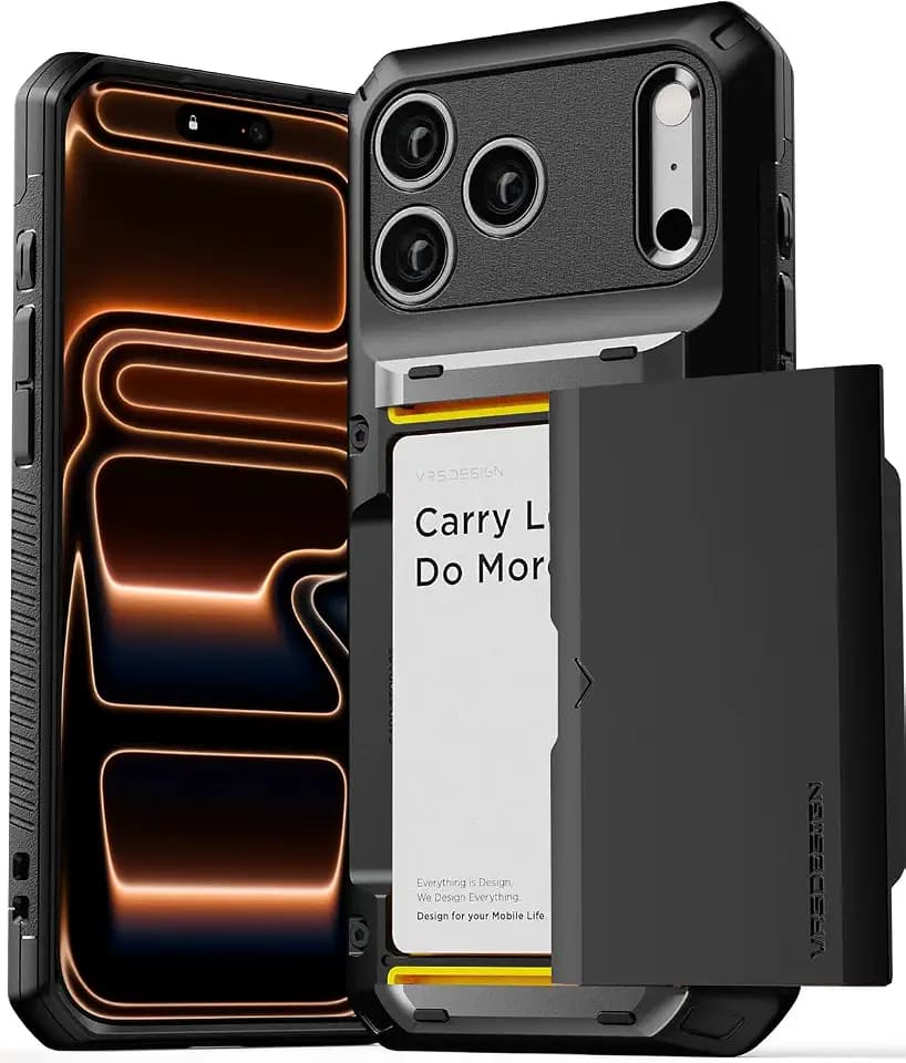 VRS DESIGN Damda Glide Pro Card Holder Case for iPhone 17 Pro Max (2025), Sturdy Semi Auto Card Slot Wallet [4 Cards] Case Designed for iPhone 17 Pro Max (2025) Matte Black
