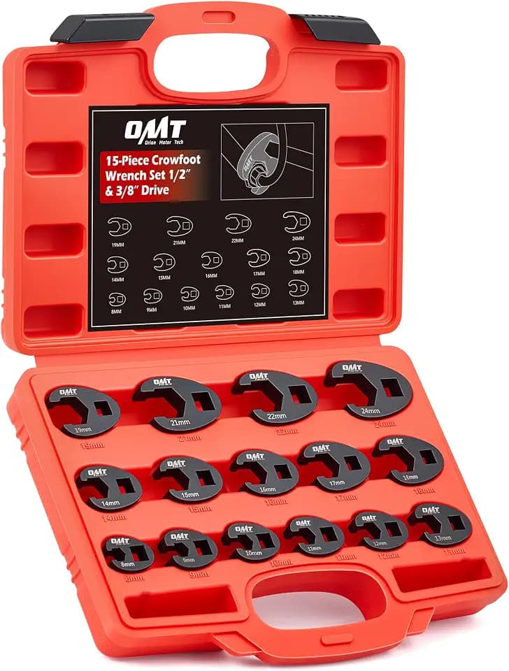 OMT Crowfoot Wrench Set, 15pc Metric Flare Nut Tools, 1/2 & 3/8 Inch Drives