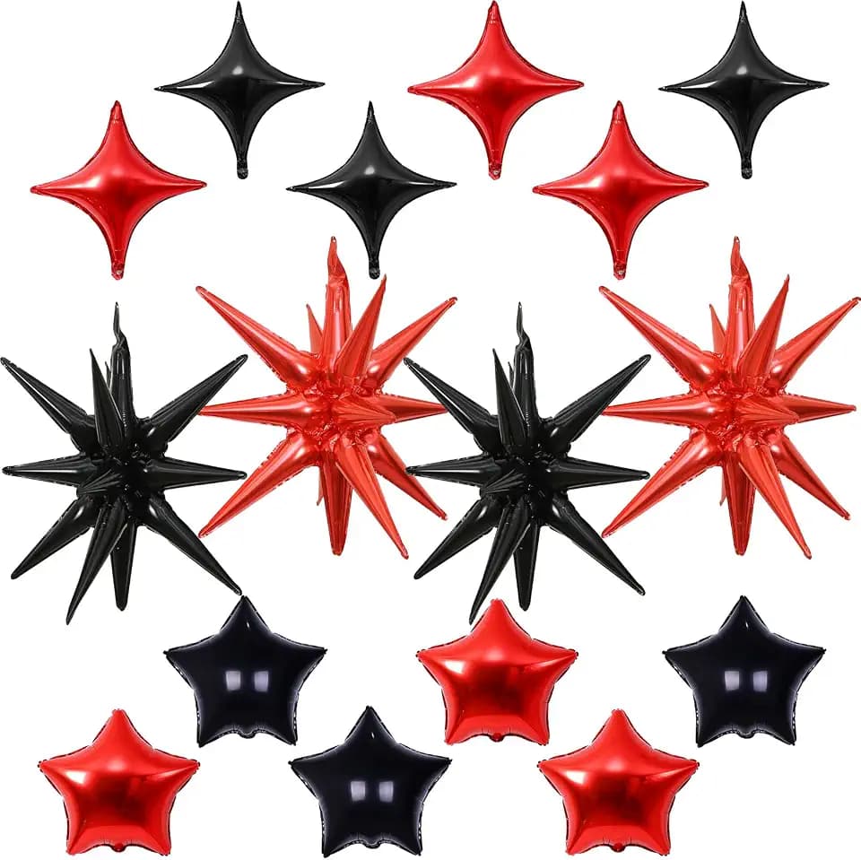 Red Black Star Balloons, Different Sizes Spike Foil Balloons