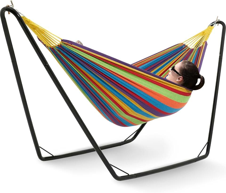 Gafete Hammocks with Stand Included, Space Saving Steel V-Type for 2 Person, Standing Hammocks, Indoor Outdoor Patio Yard, 450 lbs Capacity (Tropical)